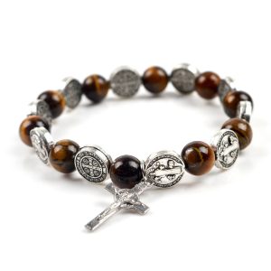 Religious Zinc Alloy Jesus Cross Saint Benedict Tiger Eye Rosary Bracelet