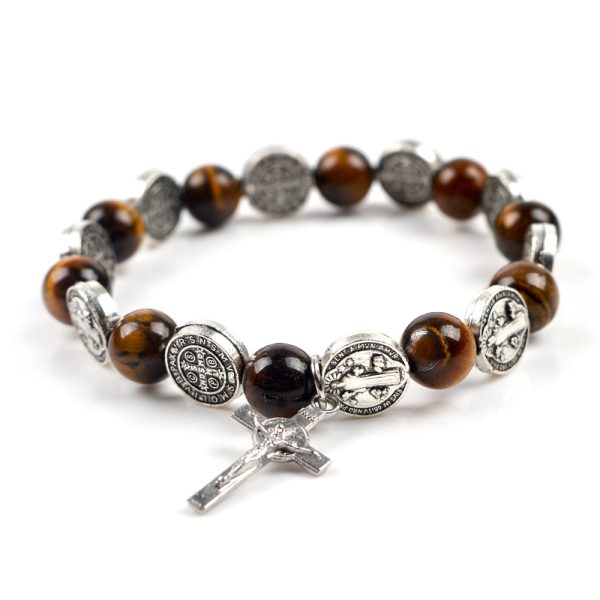 Religious Zinc Alloy Jesus Cross Saint Benedict Tiger Eye Rosary Bracelet