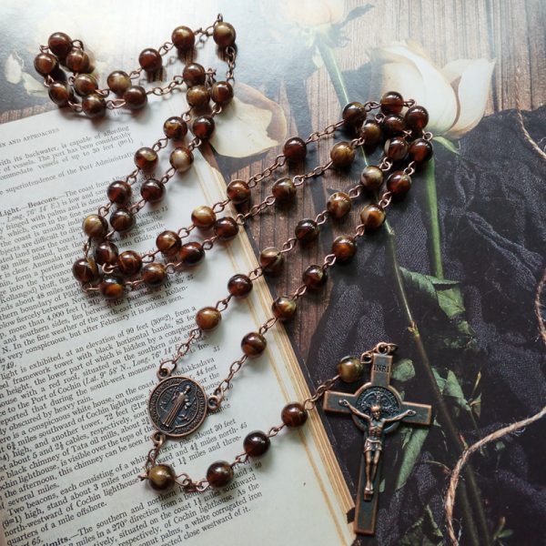 Vintage Imitation Agate Rosary – Catholic Saint Benedict Cross Prayer Beads
