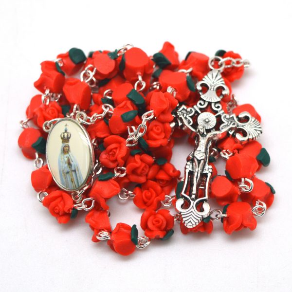 Handmade Red Clay Rose Catholic Rosary Necklace