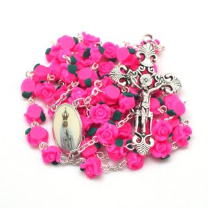 Handmade Red Clay Rose Catholic Rosary Necklace