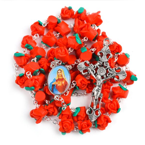 Handmade Red Clay Rose Catholic Rosary Necklace