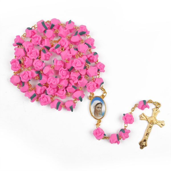 Handmade Red Clay Rose Catholic Rosary Necklace