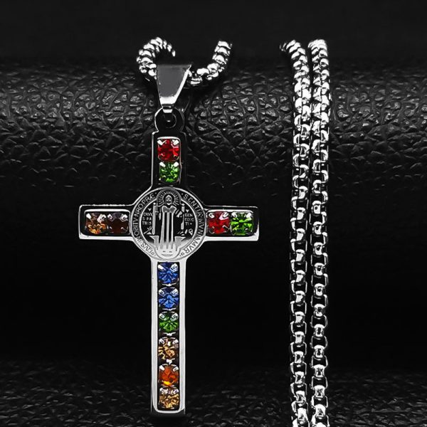 Saint Benedict Crystal Pendant Cross Necklace
