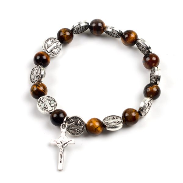 Religious Zinc Alloy Jesus Cross Saint Benedict Tiger Eye Rosary Bracelet