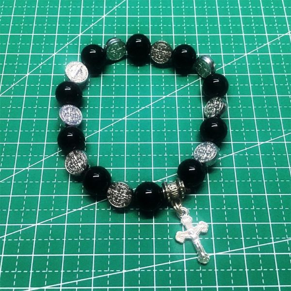 Religious Zinc Alloy Jesus Cross Saint Benedict Tiger Eye Rosary Bracelet