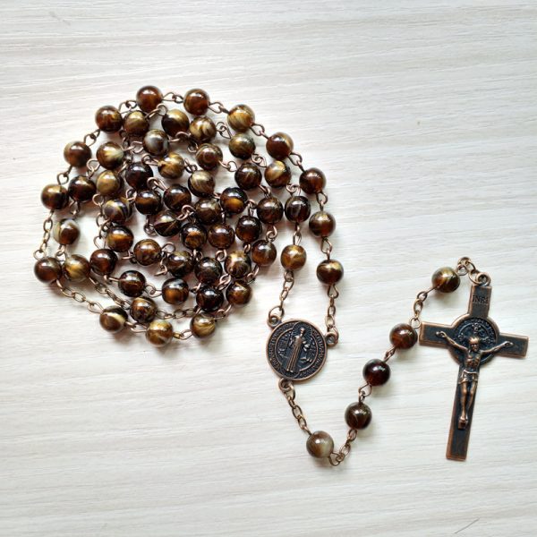 Vintage Imitation Agate Rosary – Catholic Saint Benedict Cross Prayer Beads