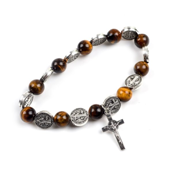 Religious Zinc Alloy Jesus Cross Saint Benedict Tiger Eye Rosary Bracelet