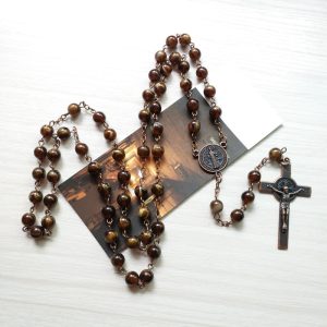 Vintage Imitation Agate Rosary – Catholic Saint Benedict Cross Prayer Beads