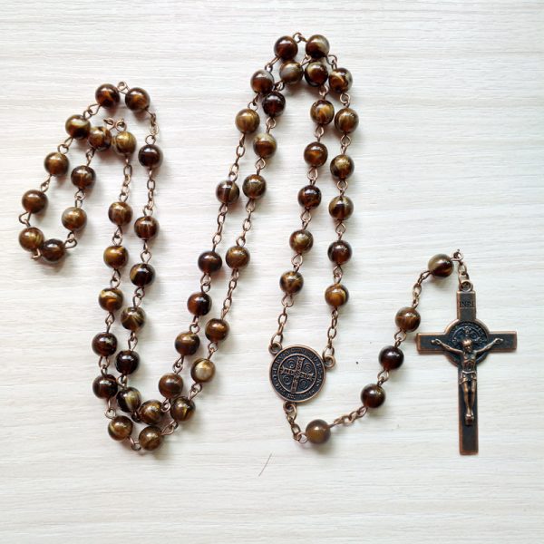 Vintage Imitation Agate Rosary – Catholic Saint Benedict Cross Prayer Beads