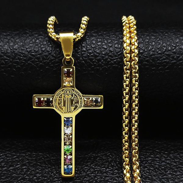 Saint Benedict Crystal Pendant Cross Necklace