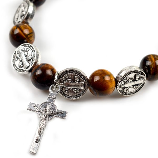 Religious Zinc Alloy Jesus Cross Saint Benedict Tiger Eye Rosary Bracelet