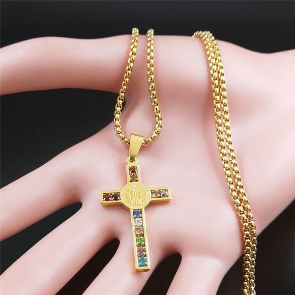 Saint Benedict Crystal Pendant Cross Necklace