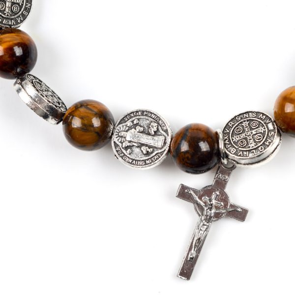 Religious Zinc Alloy Jesus Cross Saint Benedict Tiger Eye Rosary Bracelet