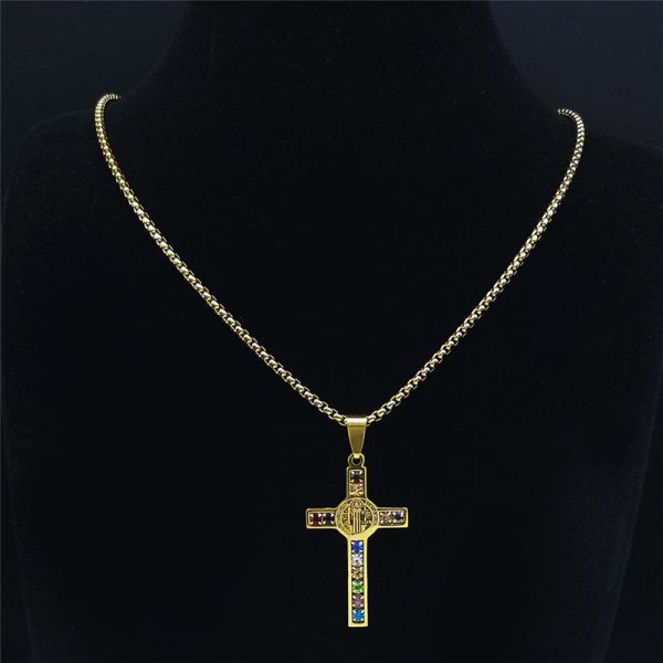 Saint Benedict Crystal Pendant Cross Necklace
